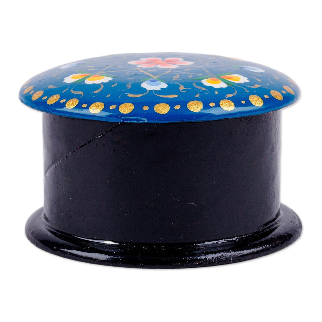 Hand-Painted Floral Round Vibrant Blue Papier Mache Ring Box - Arcadia in Fantasy
