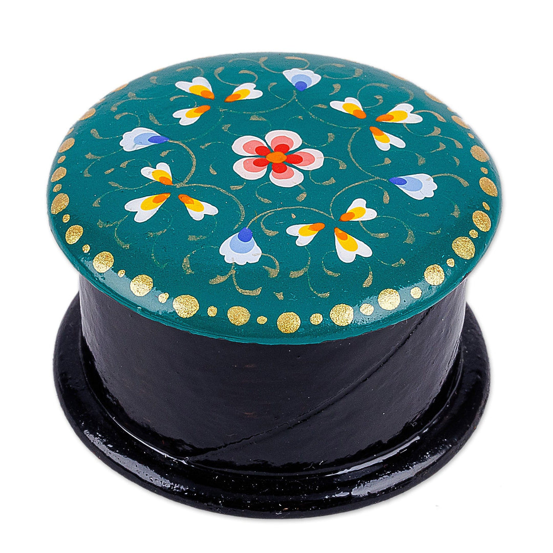 Hand-Painted Floral Round Teal Papier Mache Ring Box - Arcadia in Harmony