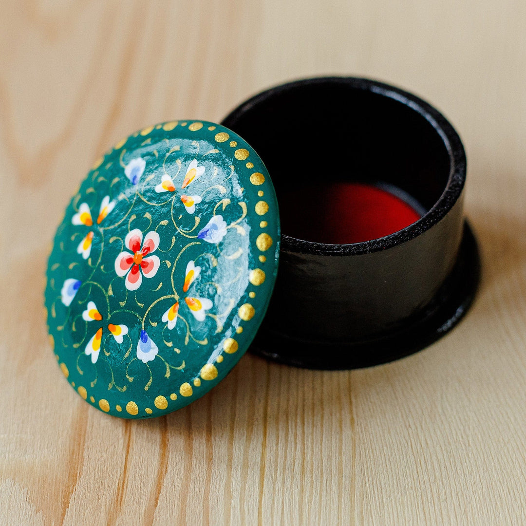 Hand-Painted Floral Round Teal Papier Mache Ring Box - Arcadia in Harmony