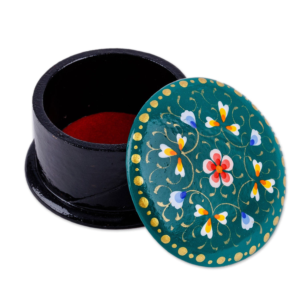 Hand-Painted Floral Round Teal Papier Mache Ring Box - Arcadia in Harmony