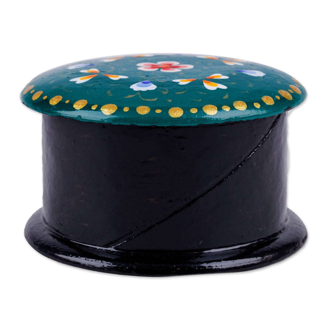 Hand-Painted Floral Round Teal Papier Mache Ring Box - Arcadia in Harmony