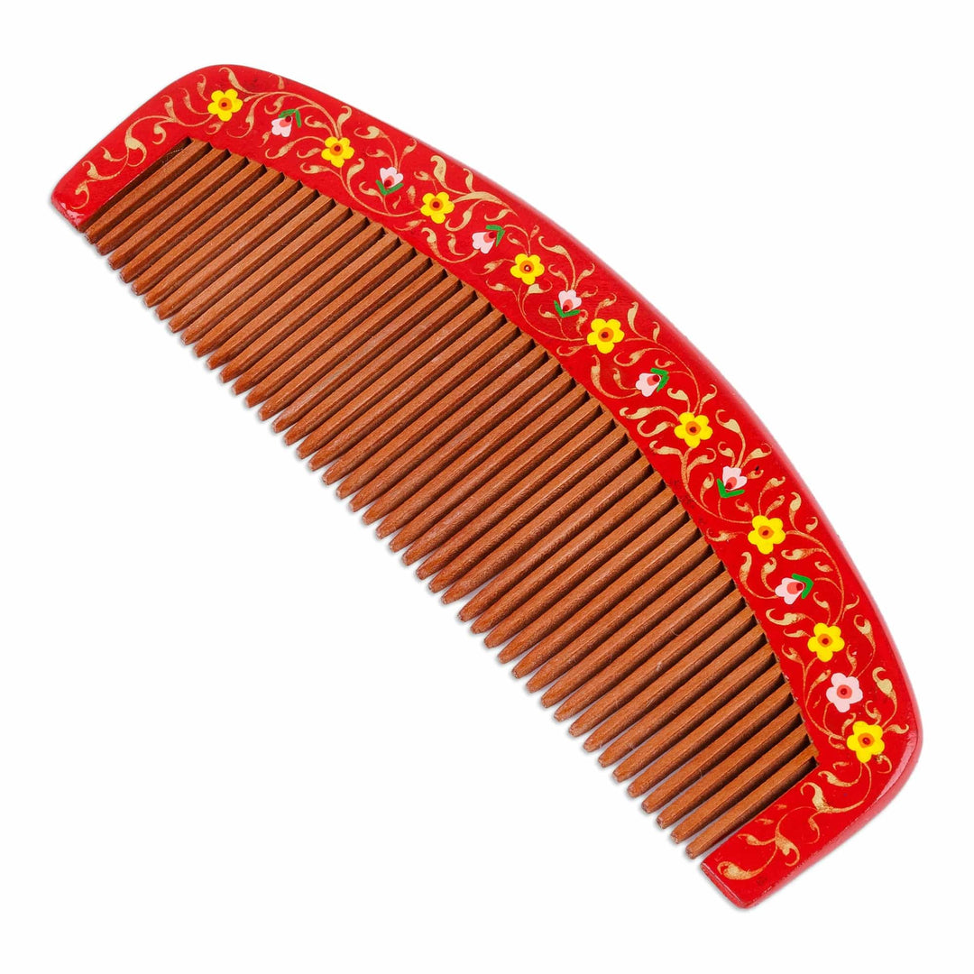 Hand-Painted Floral Red Elm Tree Wood Comb from Uzbekistan - Poppy Lady