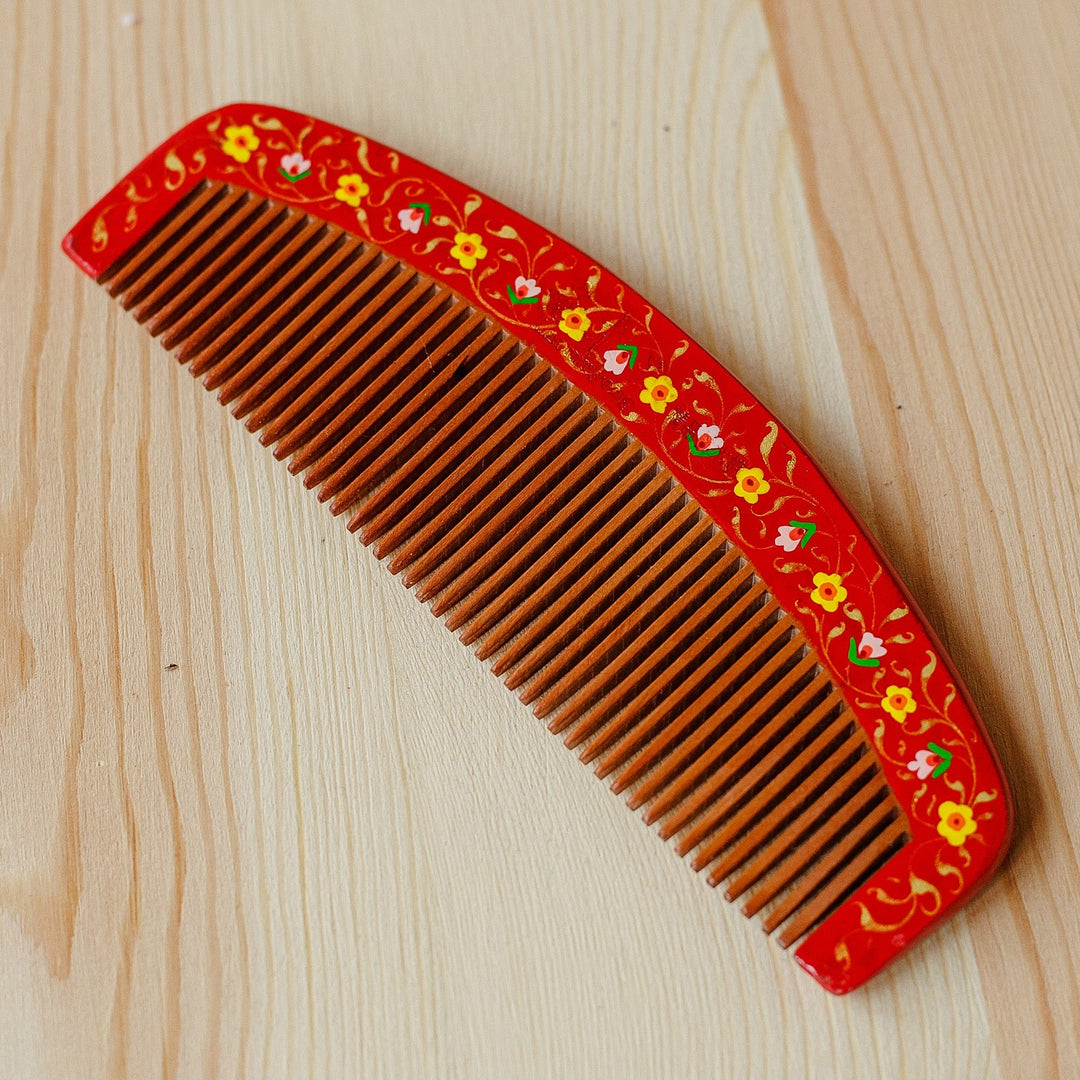 Hand-Painted Floral Red Elm Tree Wood Comb from Uzbekistan - Poppy Lady