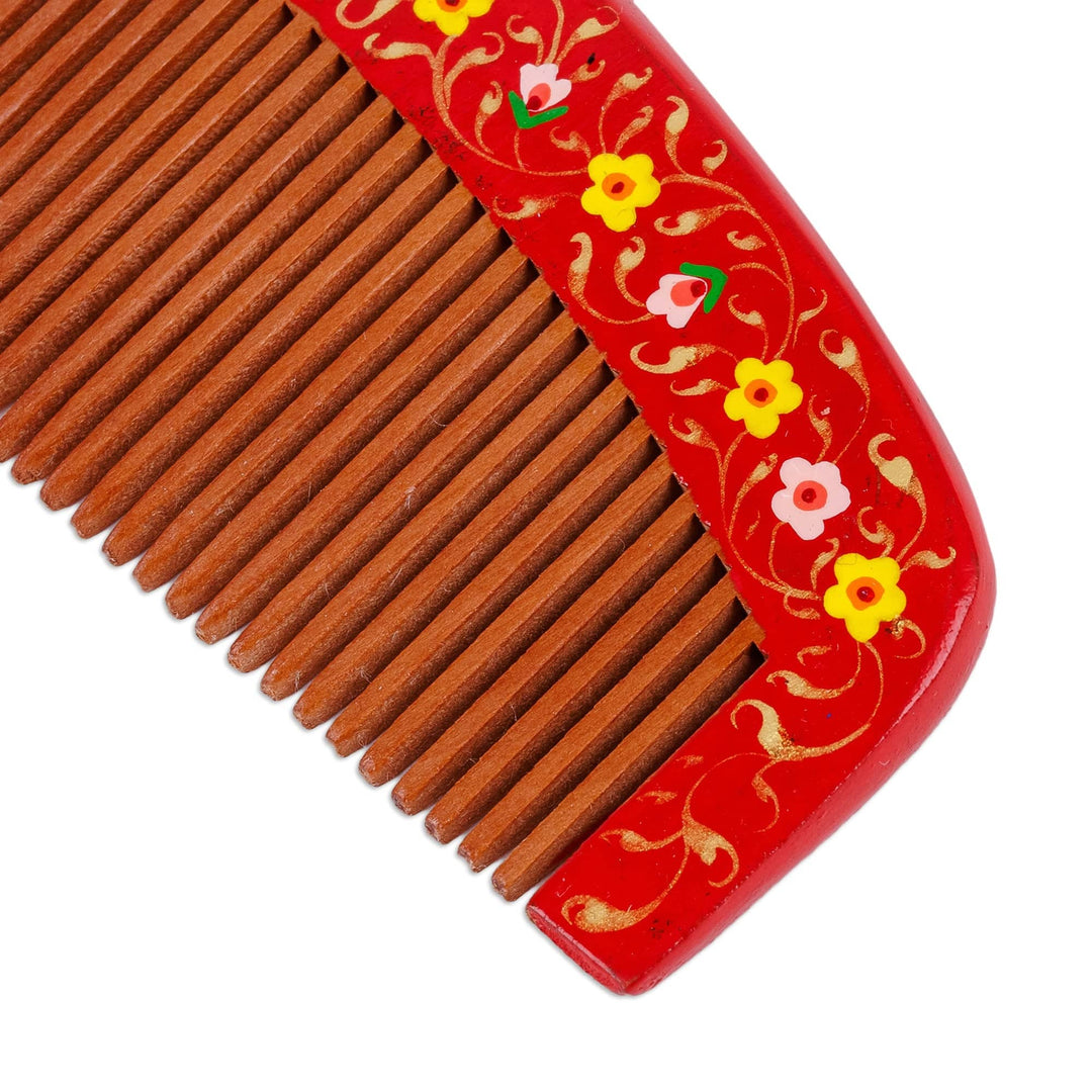 Hand-Painted Floral Red Elm Tree Wood Comb from Uzbekistan - Poppy Lady