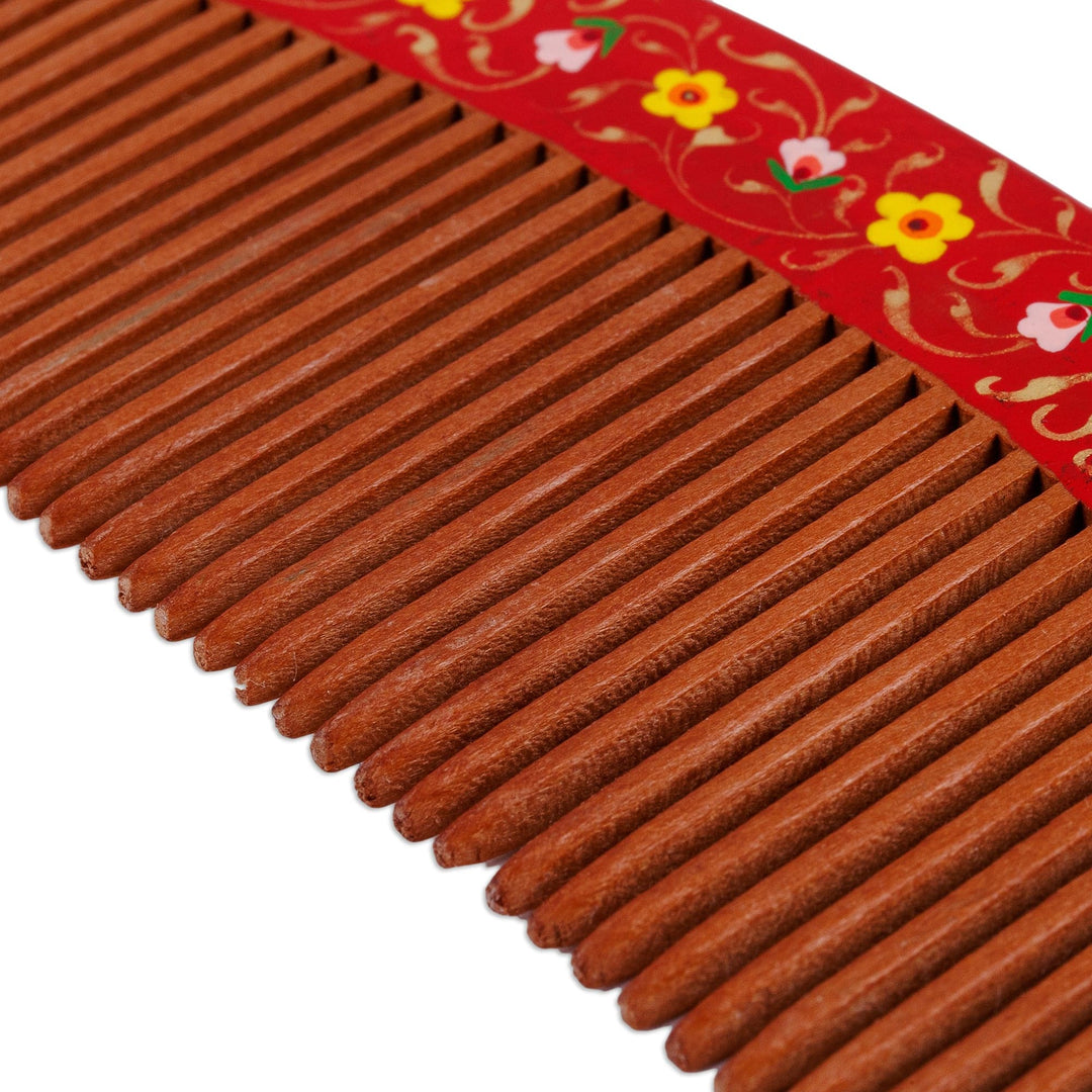 Hand-Painted Floral Red Elm Tree Wood Comb from Uzbekistan - Poppy Lady