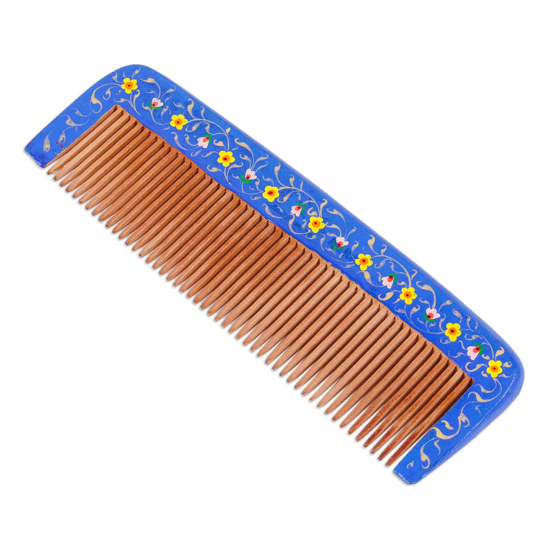 Hand-Painted Floral Blue Elm Tree Wood Comb from Uzbekistan - Muscari Lady