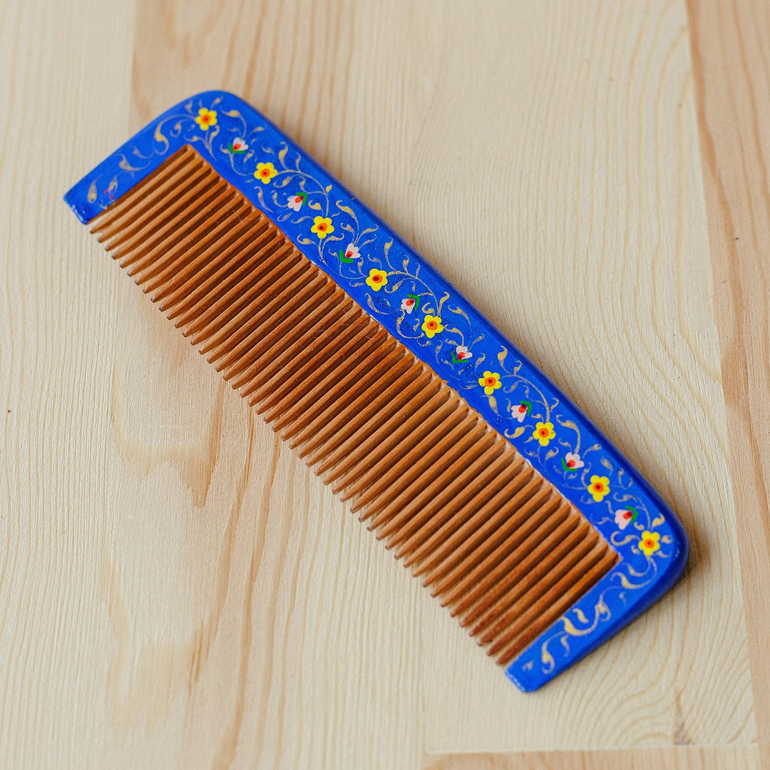 Hand-Painted Floral Blue Elm Tree Wood Comb from Uzbekistan - Muscari Lady