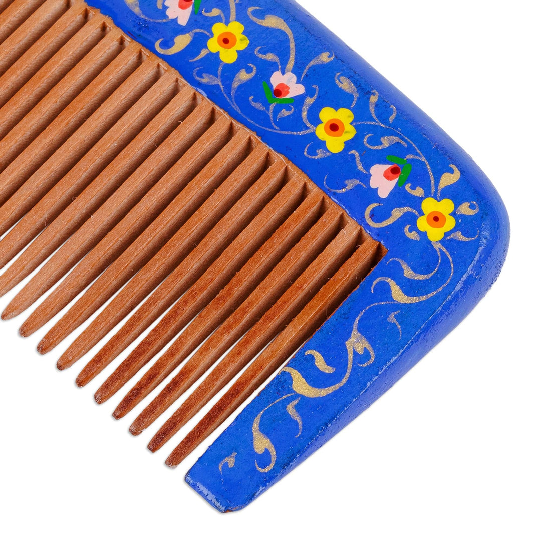 Hand-Painted Floral Blue Elm Tree Wood Comb from Uzbekistan - Muscari Lady