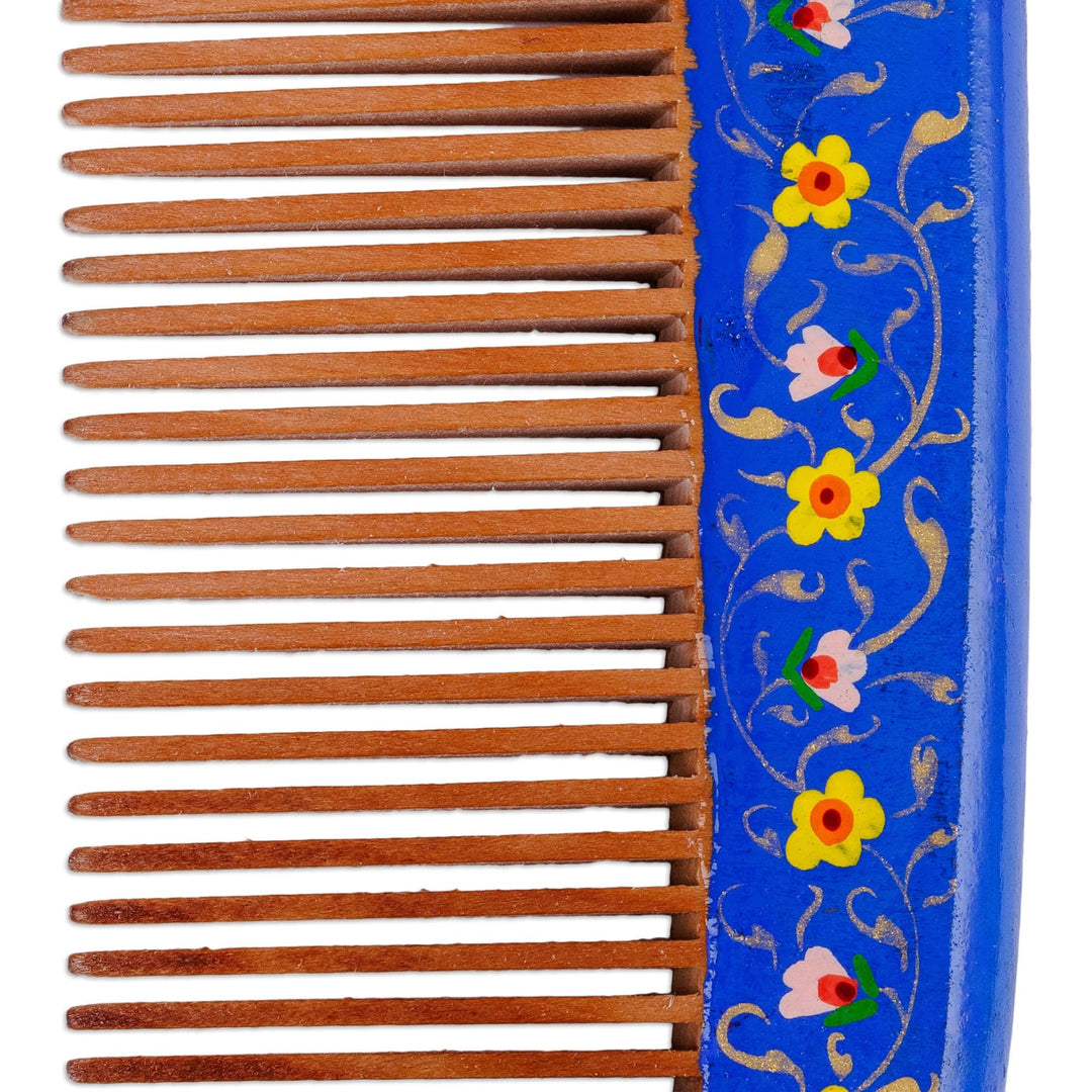 Hand-Painted Floral Blue Elm Tree Wood Comb from Uzbekistan - Muscari Lady
