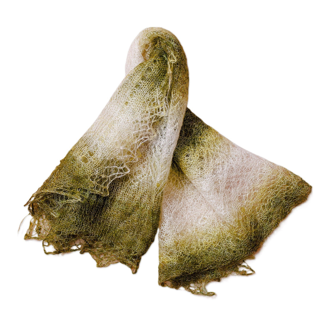 Handwoven Soft 100% Cashmere Wool Scarf in Green and White - Nature's Act