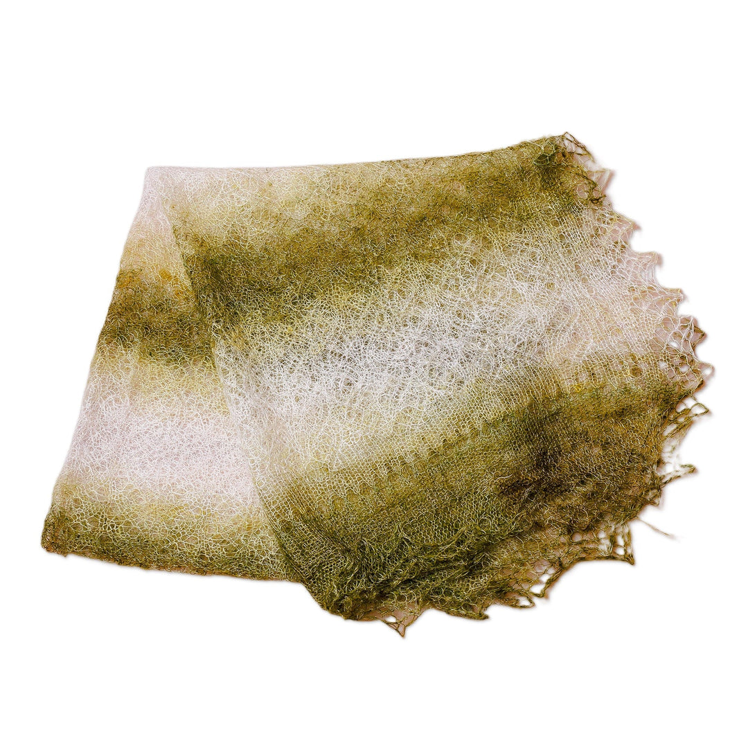 Handwoven Soft 100% Cashmere Wool Scarf in Green and White - Nature's Act