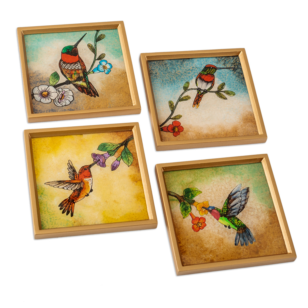 Bird-Themed Reverse-Painted Glass Coasters (Set of 4) - Joy at Sunset