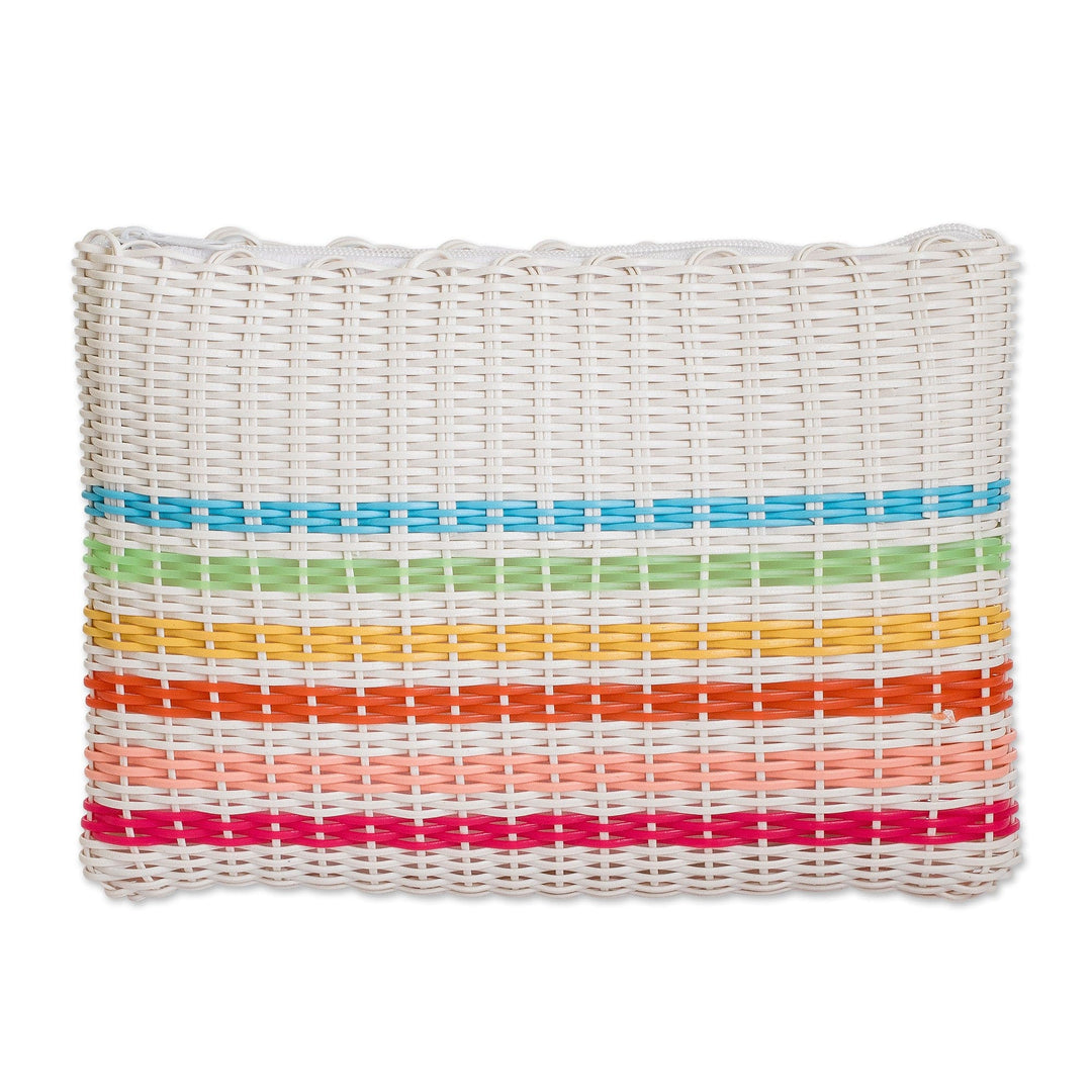 Colorful Striped Hand-Woven Recycled Vinyl Cord Toiletry Bag - Rainbow on White