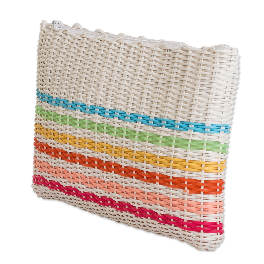 Colorful Striped Hand-Woven Recycled Vinyl Cord Toiletry Bag - Rainbow on White