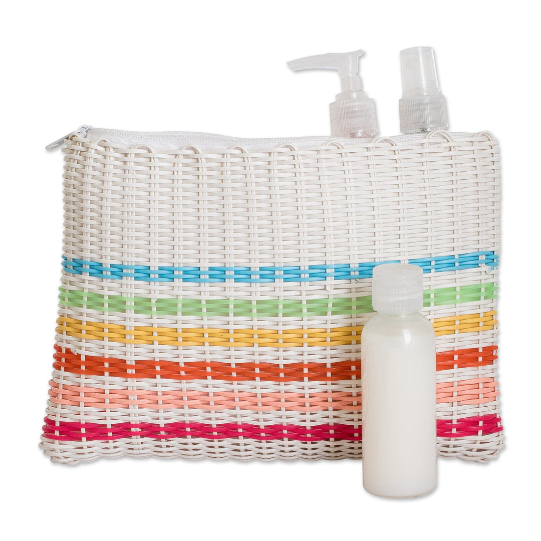Colorful Striped Hand-Woven Recycled Vinyl Cord Toiletry Bag - Rainbow on White