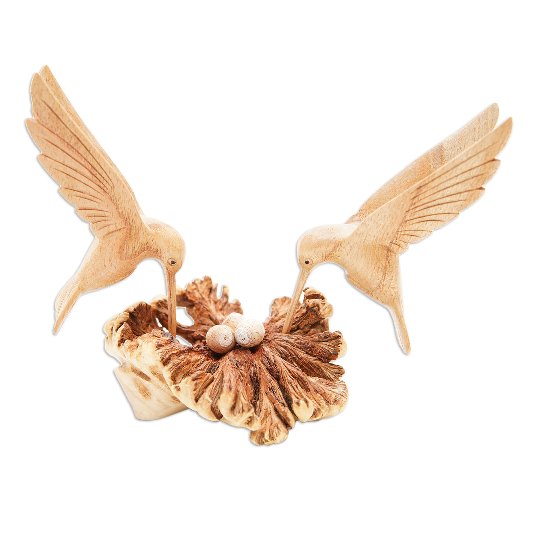 Handmade Wood Hummingbird Sculpture with Mushroom-Like Base - Hummingbird Love