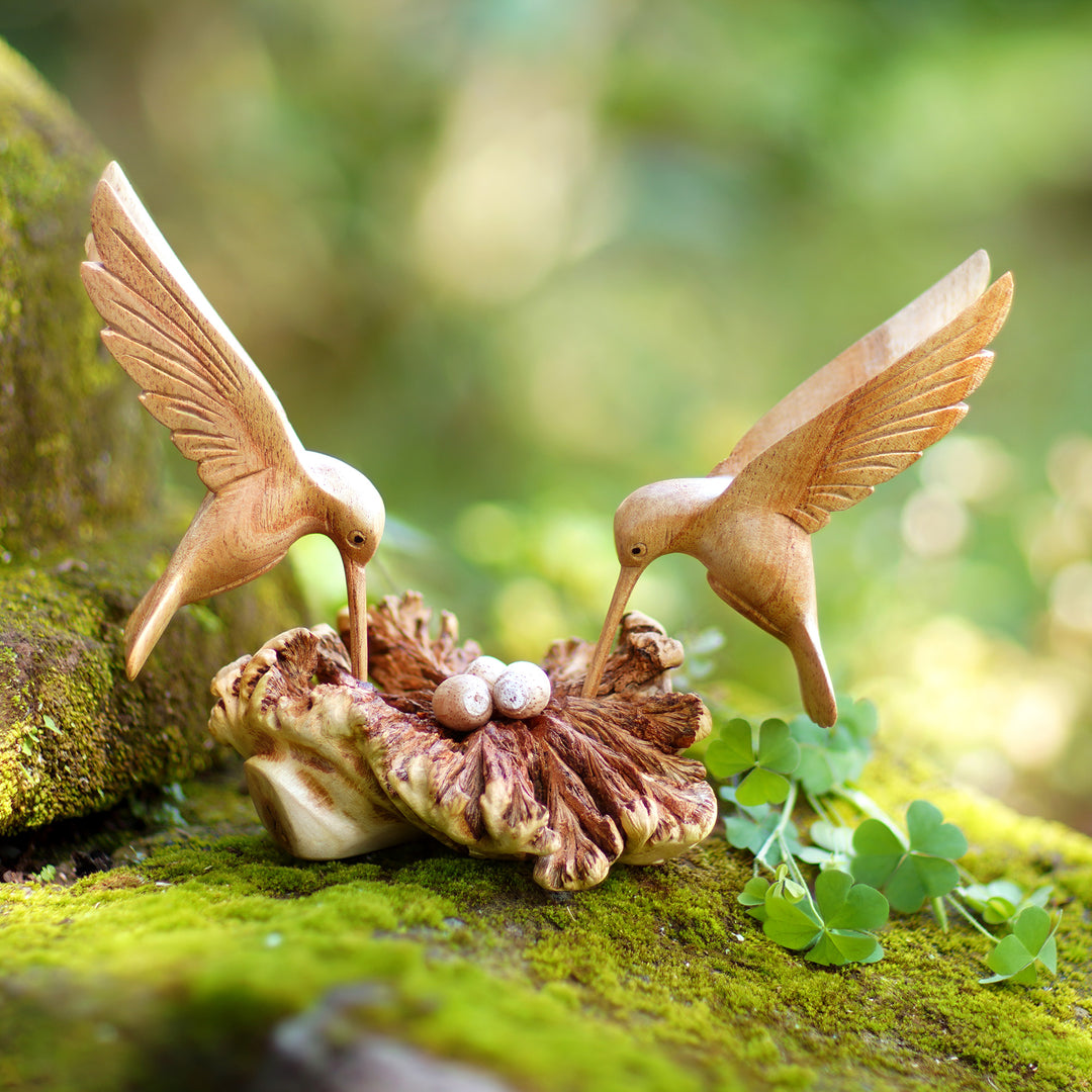 Handmade Wood Hummingbird Sculpture with Mushroom-Like Base - Hummingbird Love