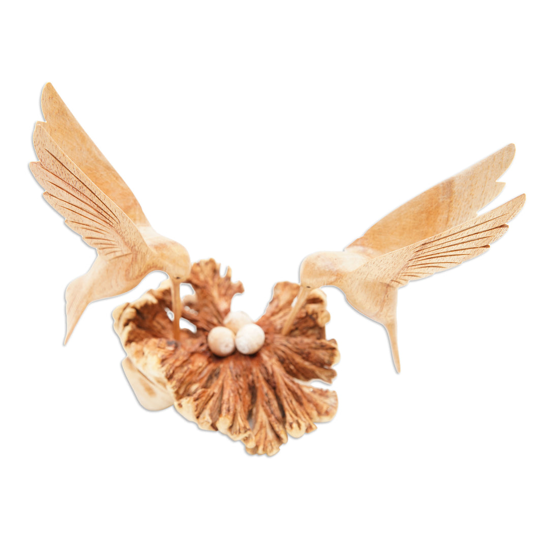 Handmade Wood Hummingbird Sculpture with Mushroom-Like Base - Hummingbird Love