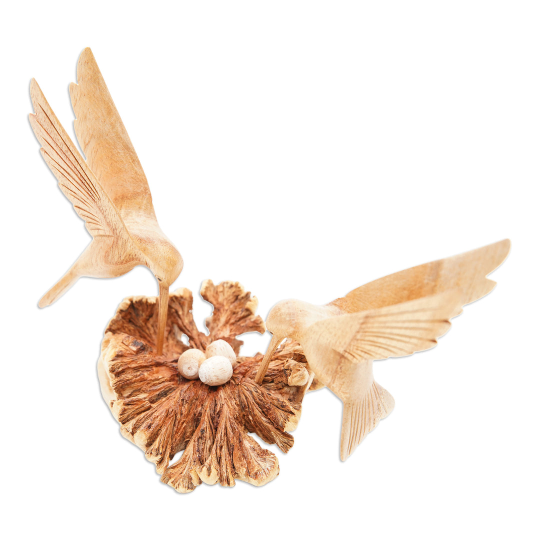 Handmade Wood Hummingbird Sculpture with Mushroom-Like Base - Hummingbird Love
