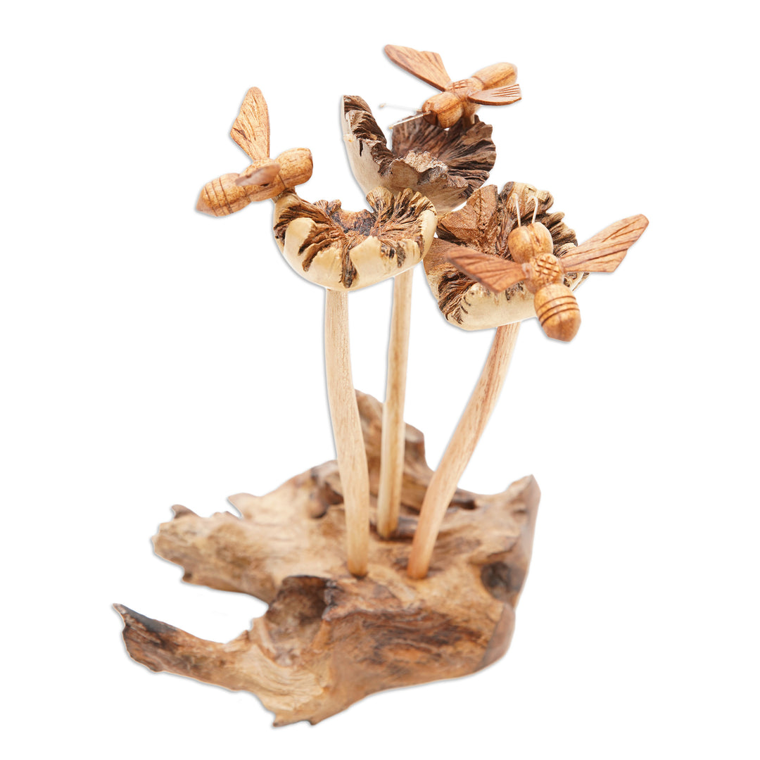 Handcrafted Wood Bee Sculpture with Mushroom-Like Base - Busy Bees
