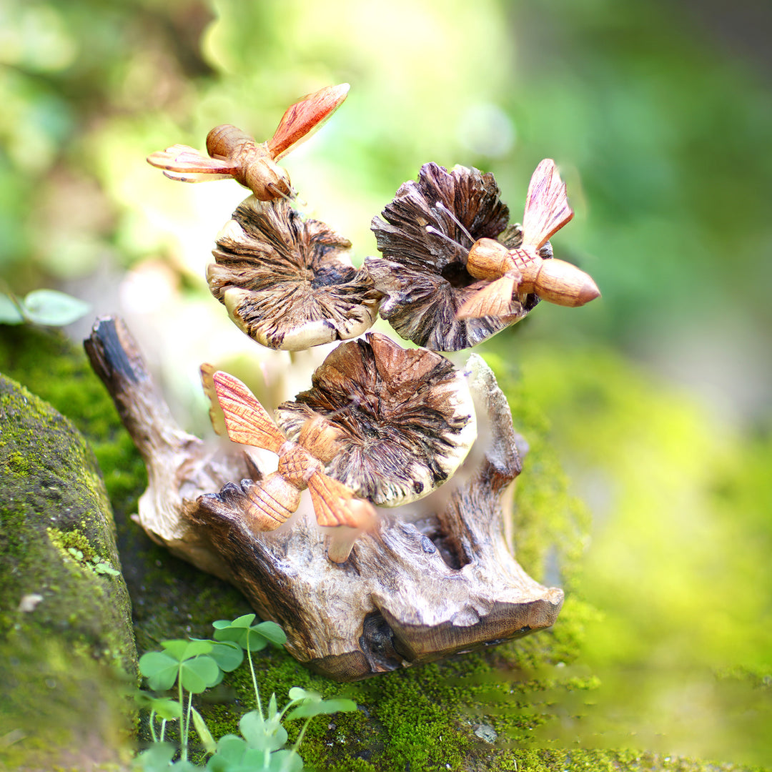 Handcrafted Wood Bee Sculpture with Mushroom-Like Base - Busy Bees