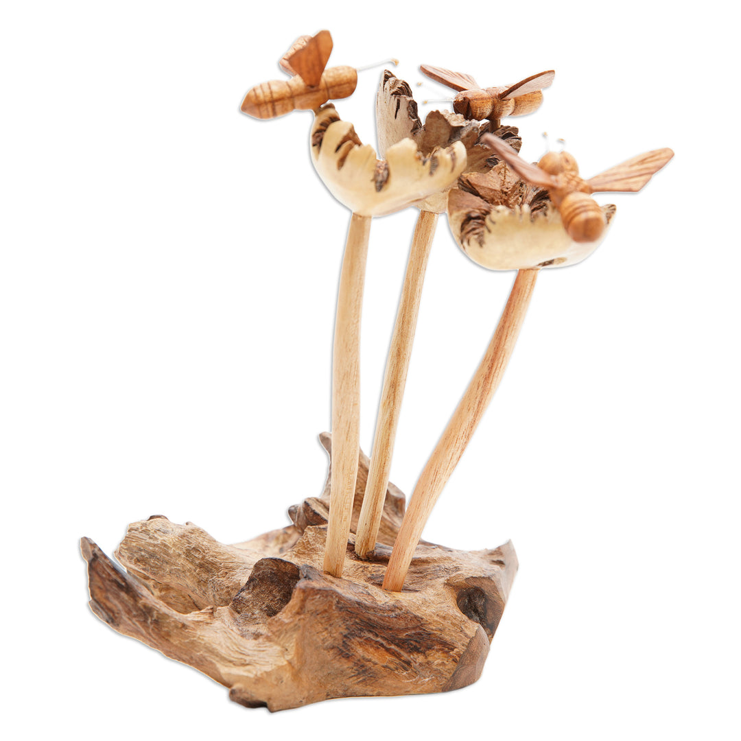 Handcrafted Wood Bee Sculpture with Mushroom-Like Base - Busy Bees