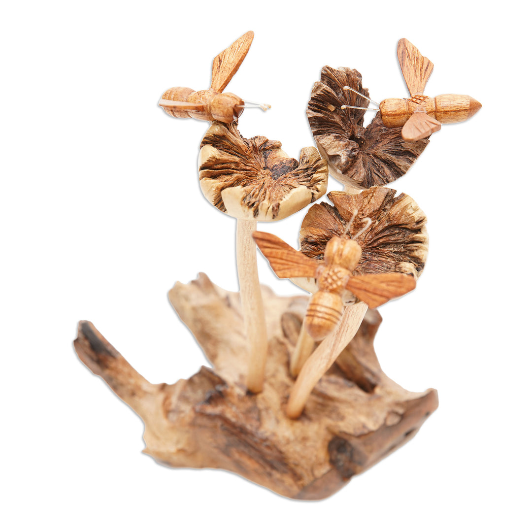 Handcrafted Wood Bee Sculpture with Mushroom-Like Base - Busy Bees