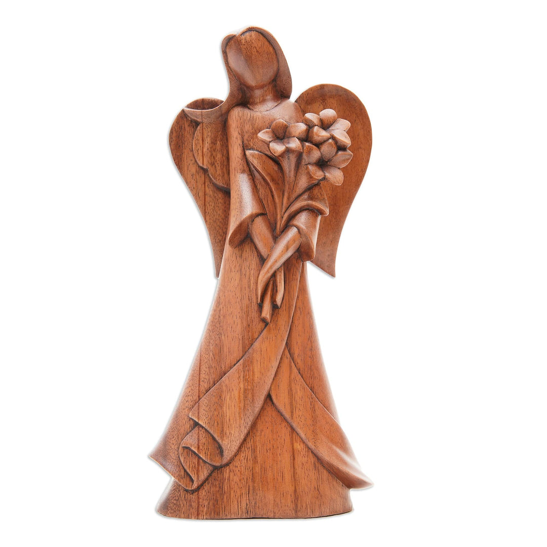 Angel-Themed Floral Suar Wood Sculpture from Bali - Valentine Flowers
