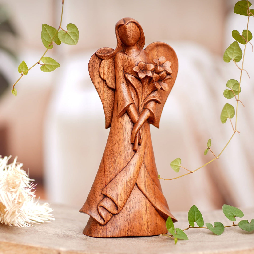 Angel-Themed Floral Suar Wood Sculpture from Bali - Valentine Flowers