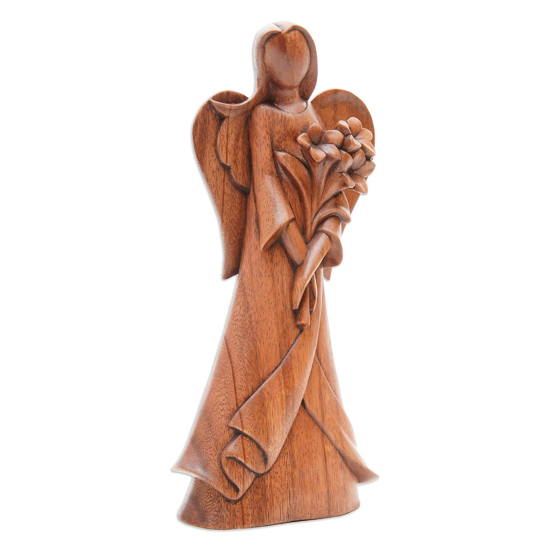 Angel-Themed Floral Suar Wood Sculpture from Bali - Valentine Flowers