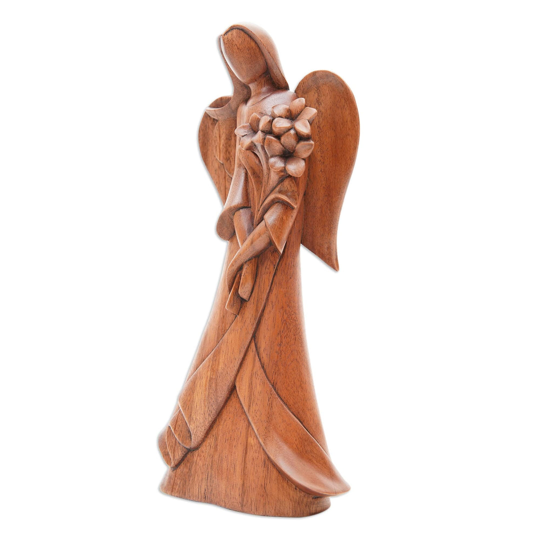Angel-Themed Floral Suar Wood Sculpture from Bali - Valentine Flowers