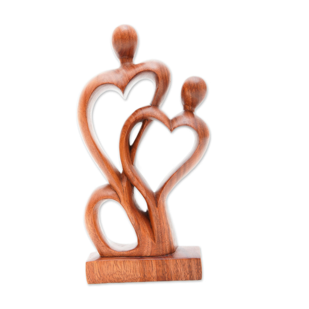 Semi-Abstract Heart-Shaped Suar Wood Sculpture from Bali - Sweetheart Couple