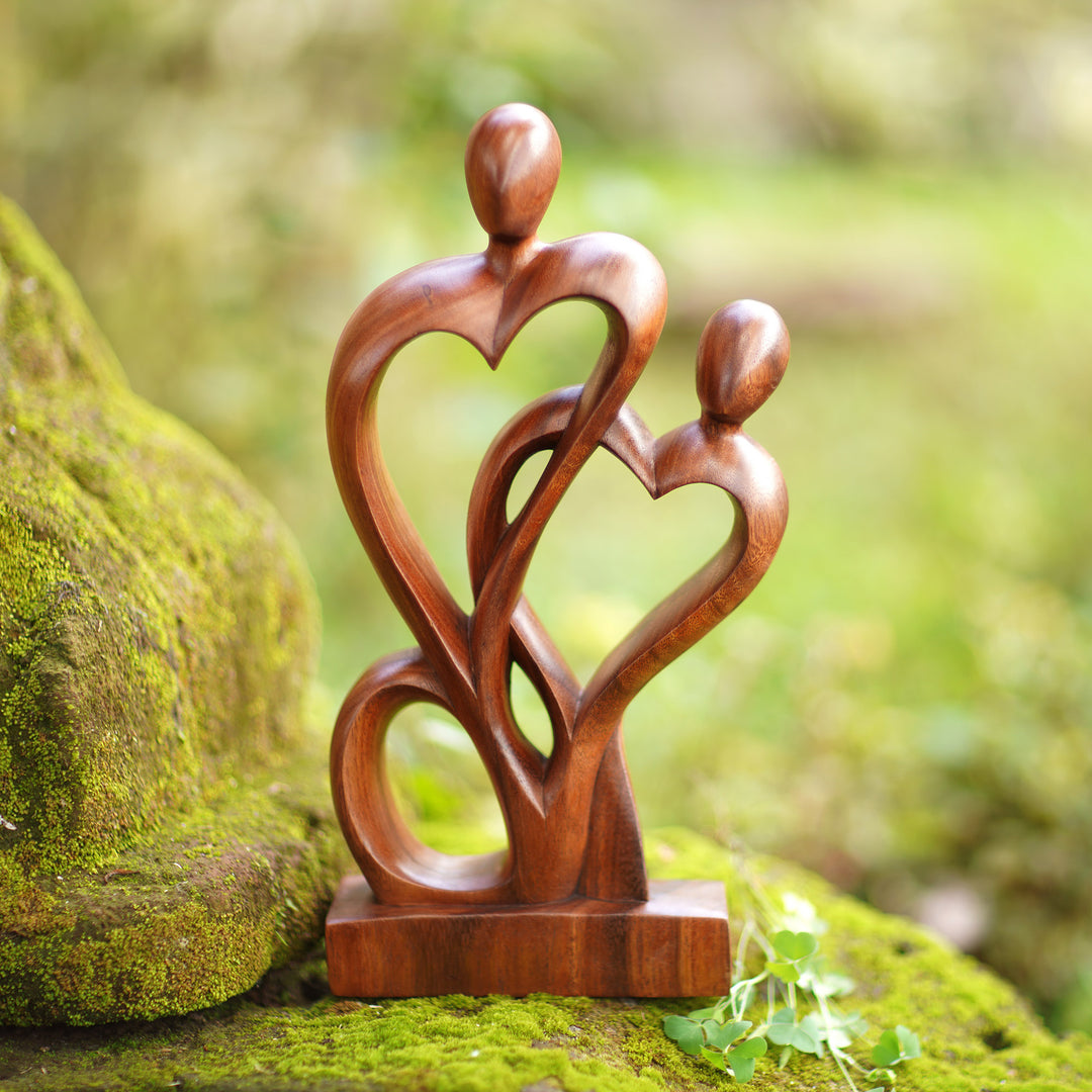 Semi-Abstract Heart-Shaped Suar Wood Sculpture from Bali - Sweetheart Couple