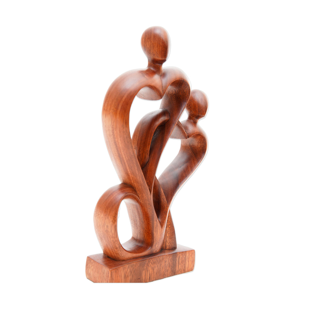 Semi-Abstract Heart-Shaped Suar Wood Sculpture from Bali - Sweetheart Couple