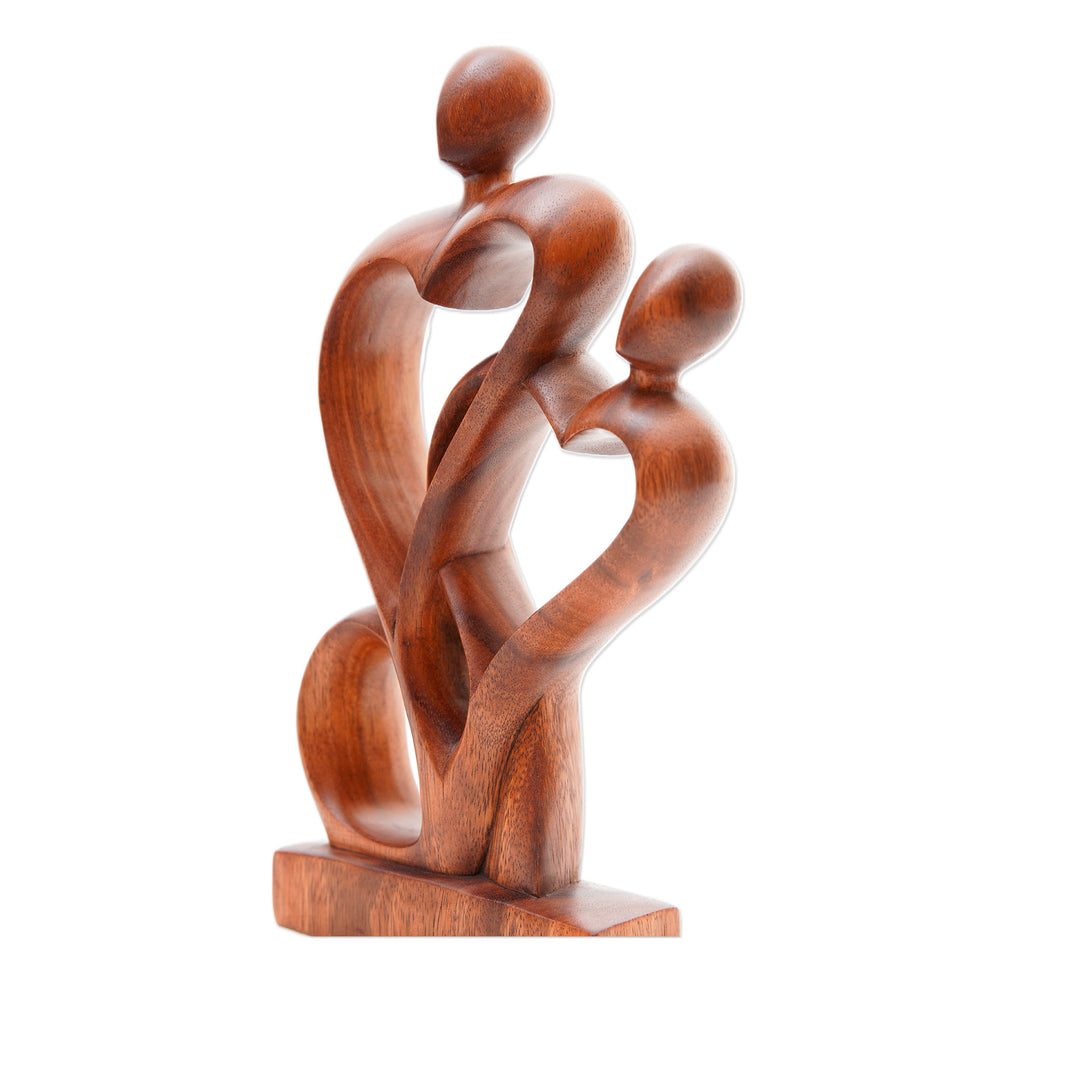 Semi-Abstract Heart-Shaped Suar Wood Sculpture from Bali - Sweetheart Couple