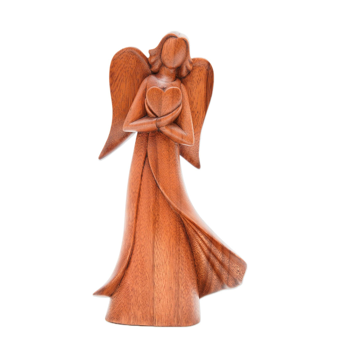 Angel and Heart-Themed Suar Wood Sculpture from Bali - Loving Archangel