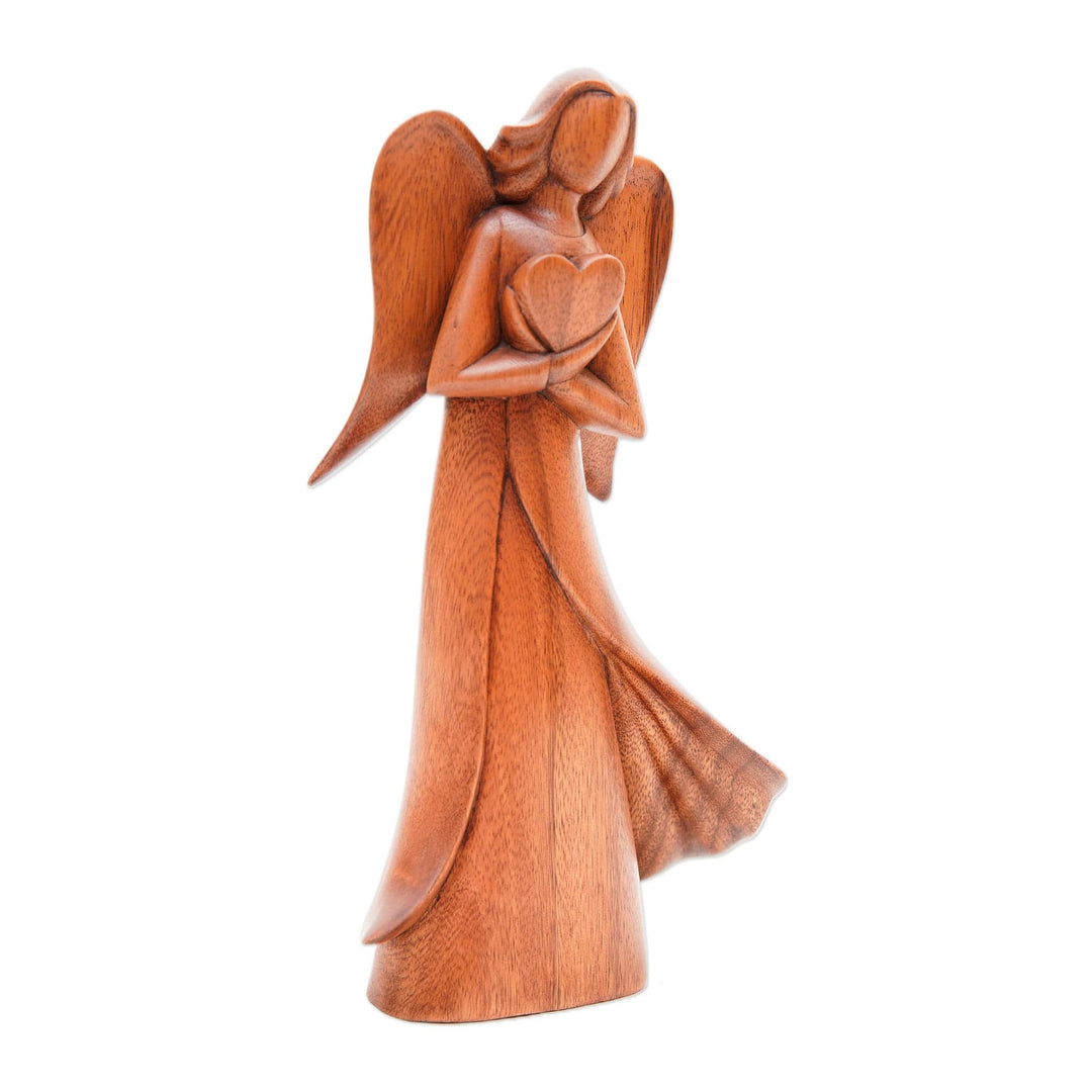 Angel and Heart-Themed Suar Wood Sculpture from Bali - Loving Archangel