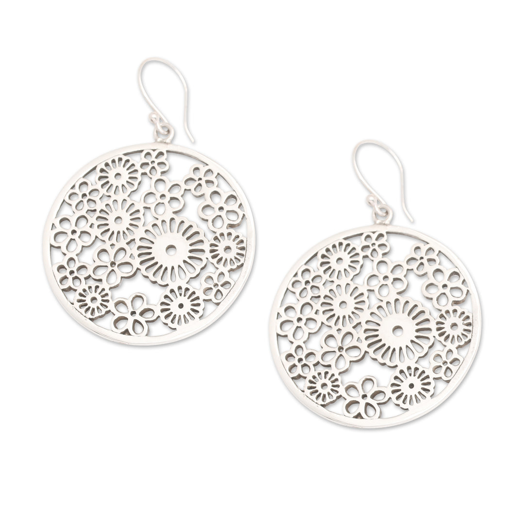 Polished Round Sunflower Sterling Silver Dangle Earrings - Radiant Round Summer