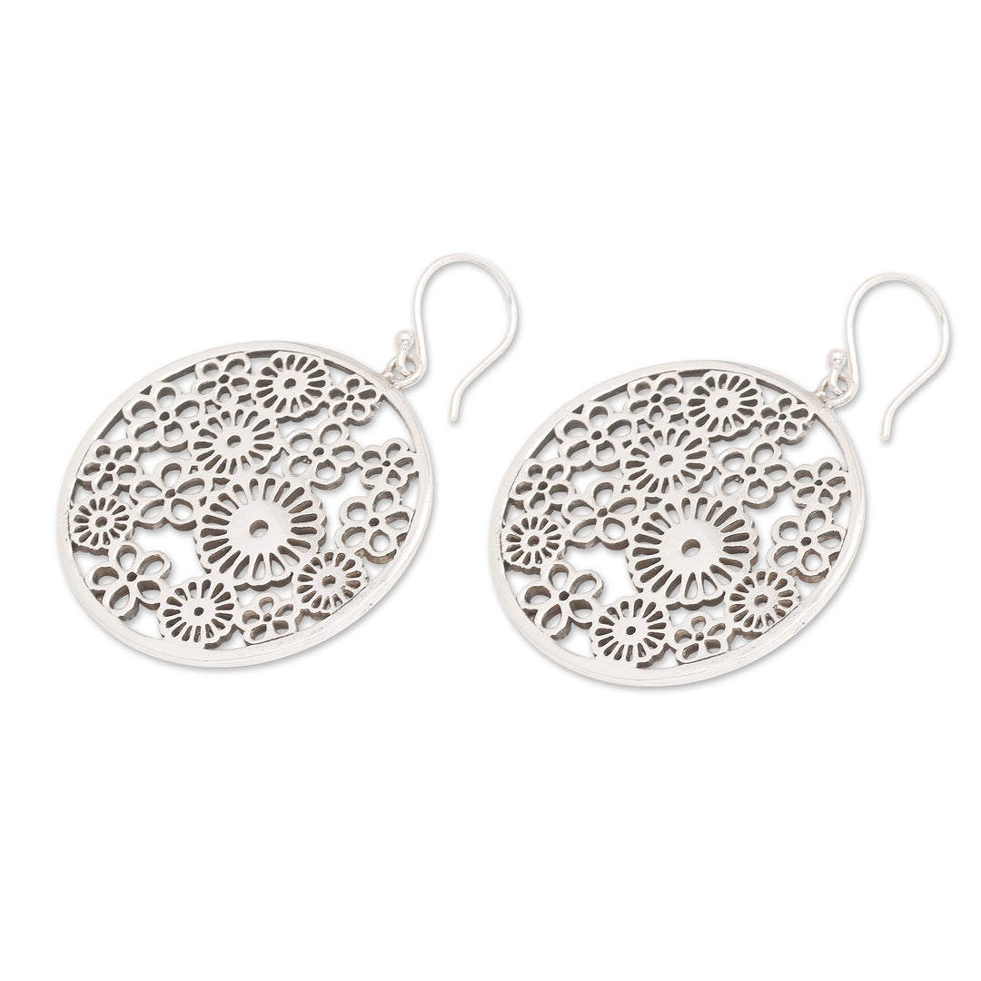 Polished Round Sunflower Sterling Silver Dangle Earrings - Radiant Round Summer