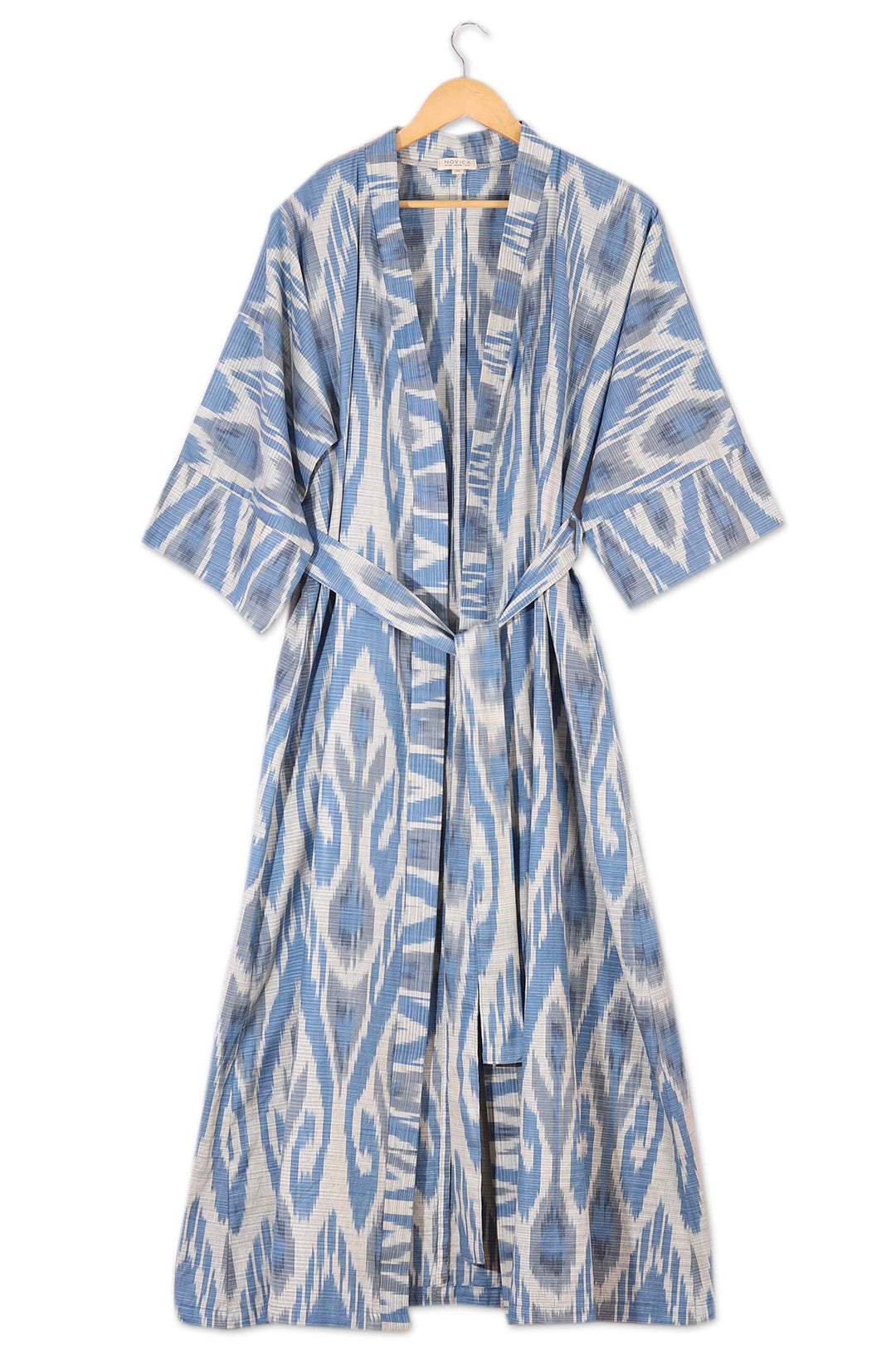 Handwoven Ikat Cotton Robe in Blue White and Grey Hues - Samarkand Days