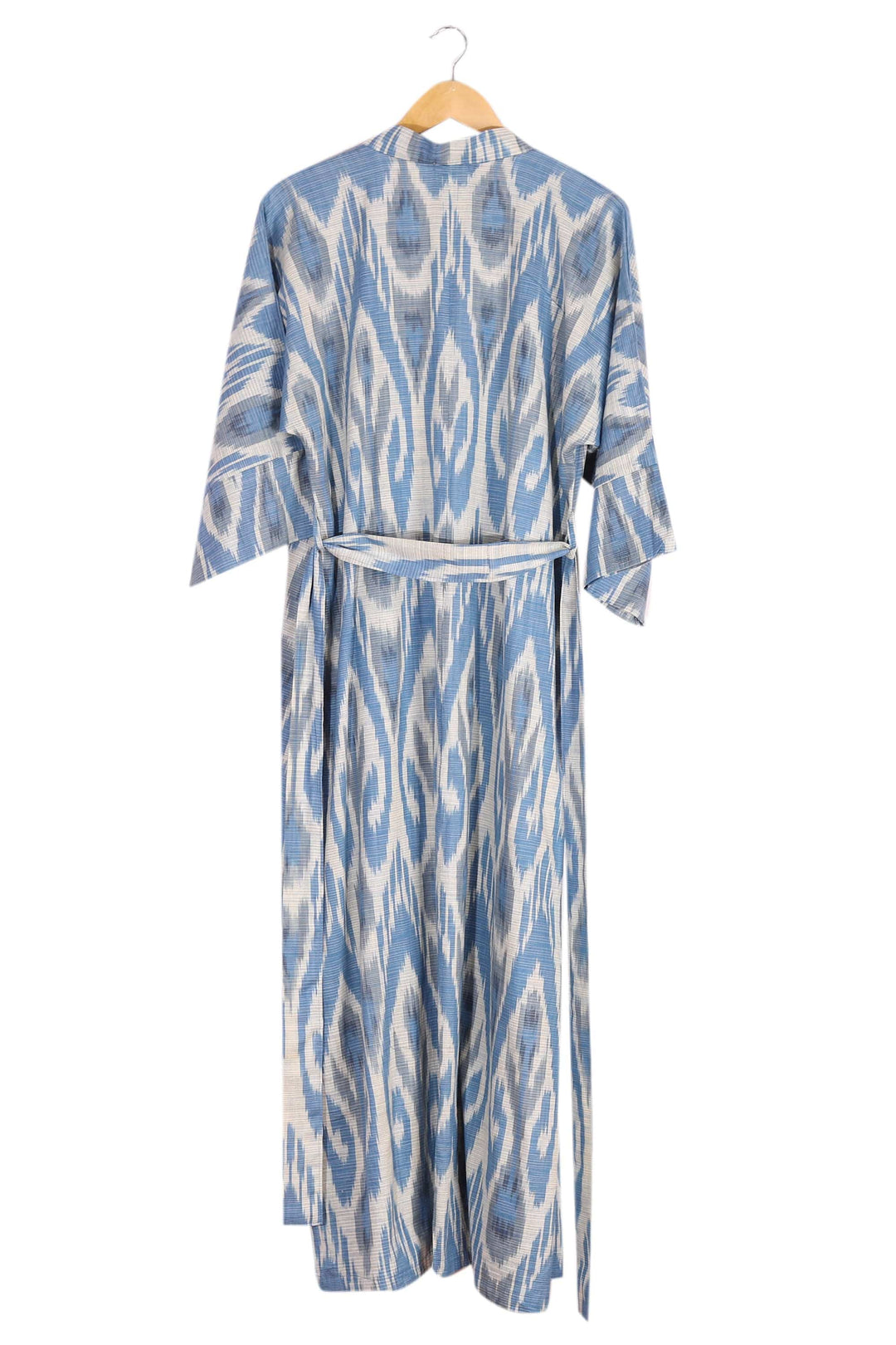 Handwoven Ikat Cotton Robe in Blue White and Grey Hues - Samarkand Days