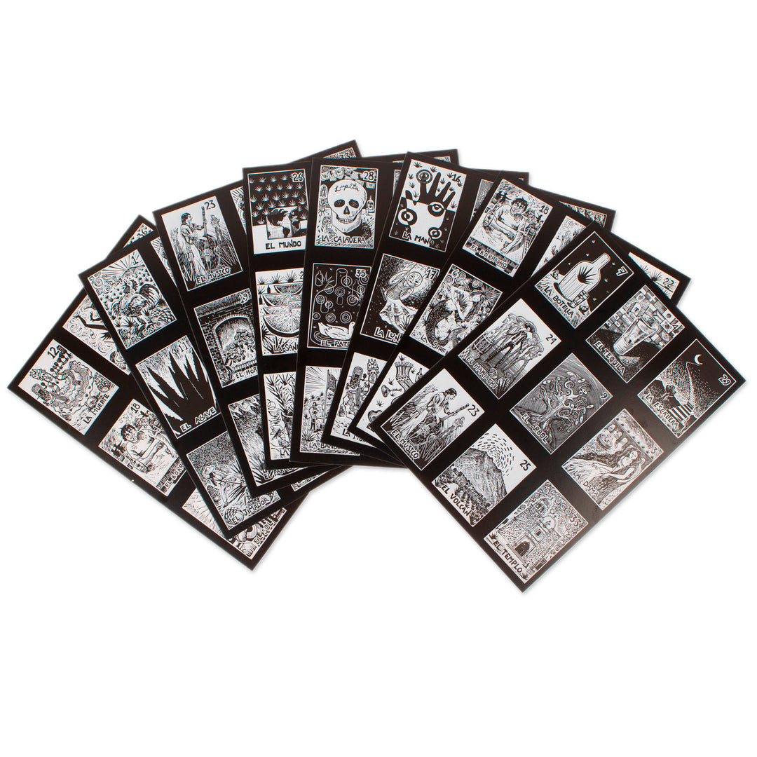 Traditional Ink on Paper Loteria Board Game Set from Mexico - Tequila Loteria