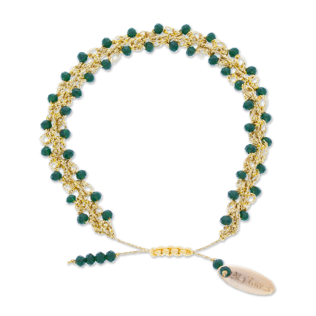 Adjustable Golden-Toned Green Crystal Beaded Bracelet - Harmonious Golden