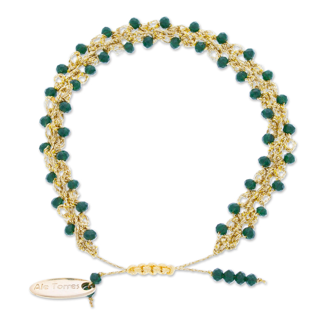 Adjustable Golden-Toned Green Crystal Beaded Bracelet - Harmonious Golden
