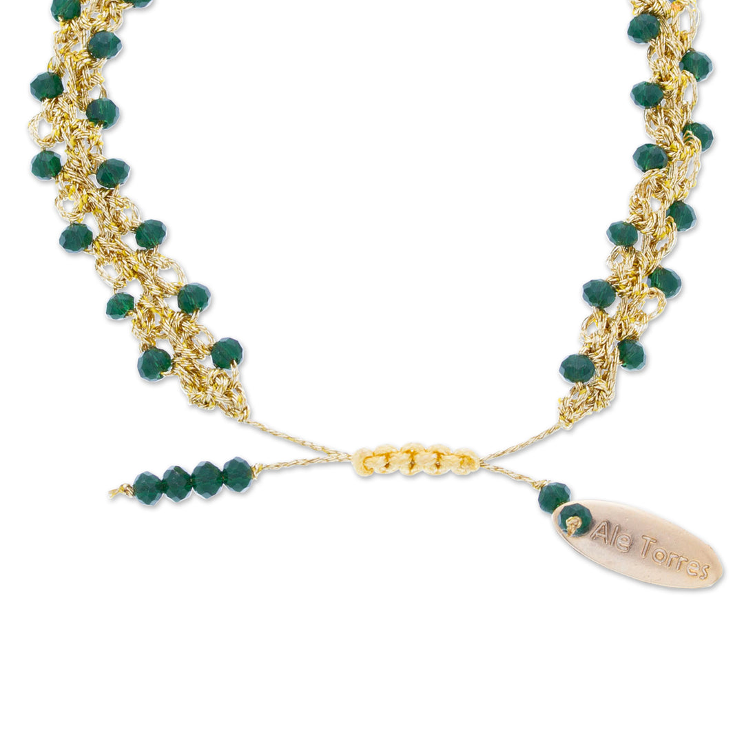 Adjustable Golden-Toned Green Crystal Beaded Bracelet - Harmonious Golden