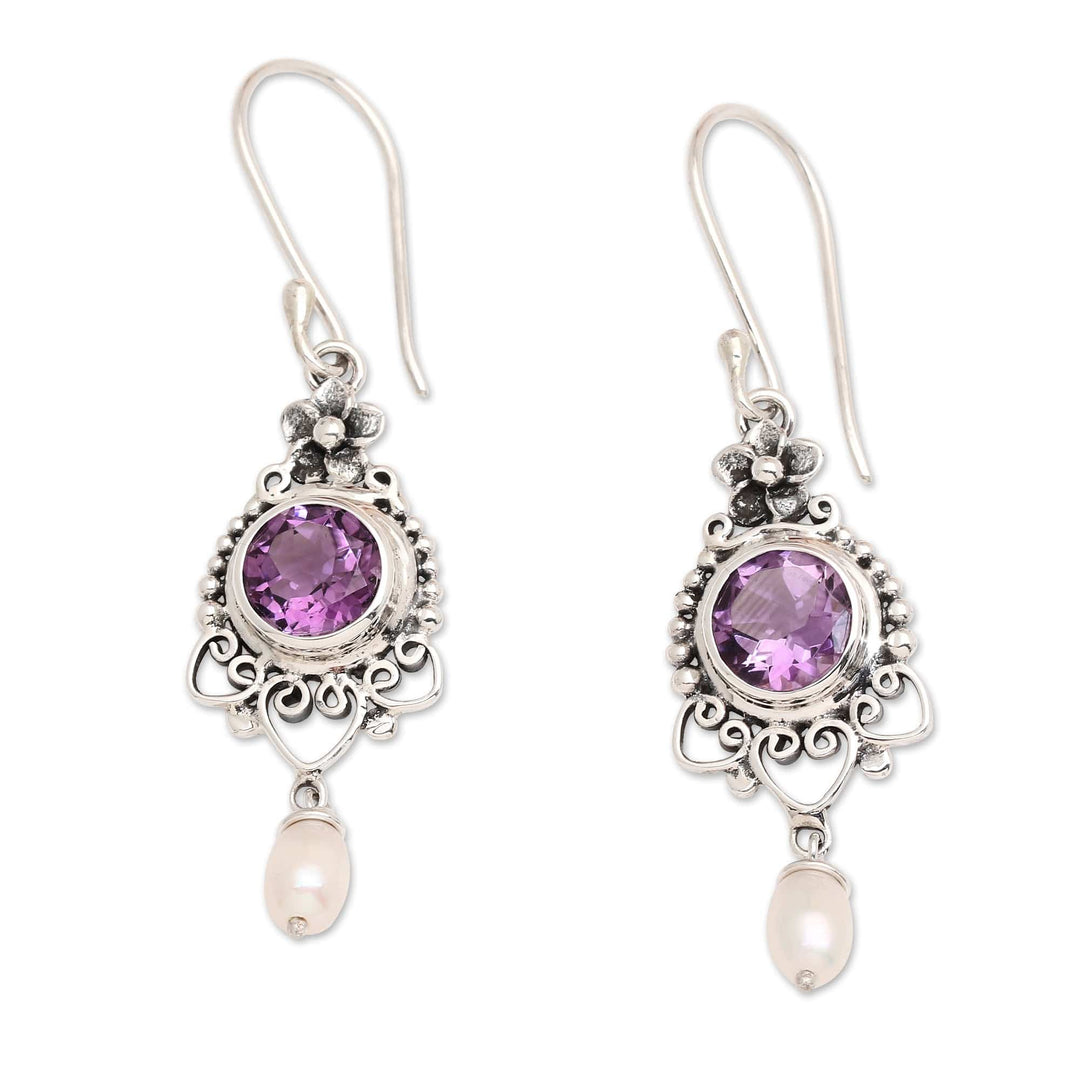 Silver Dangle Earrings with Amethyst Stone & Cultured Pearl - Sublime Purple