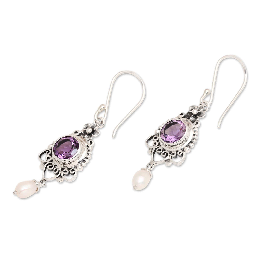 Silver Dangle Earrings with Amethyst Stone & Cultured Pearl - Sublime Purple