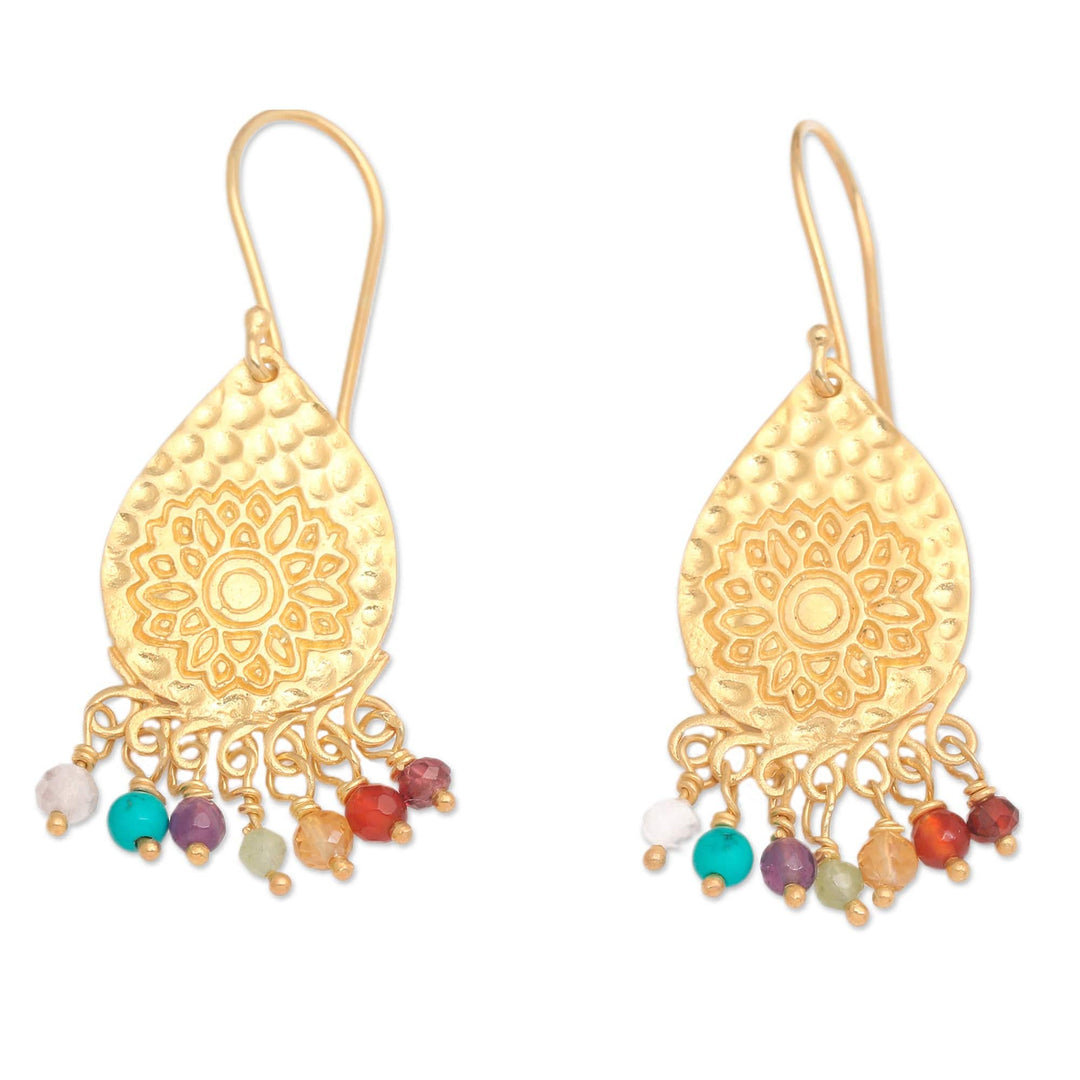 Gold-Plated Multi-Gemstone Lotus-Themed Chandelier Earrings - Vibrant Chakra