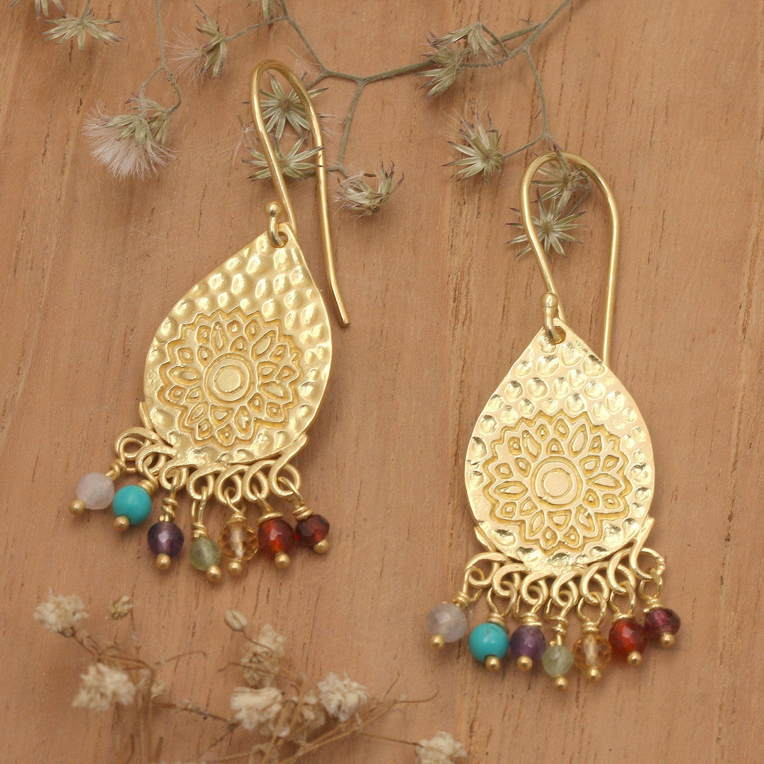 Gold-Plated Multi-Gemstone Lotus-Themed Chandelier Earrings - Vibrant Chakra