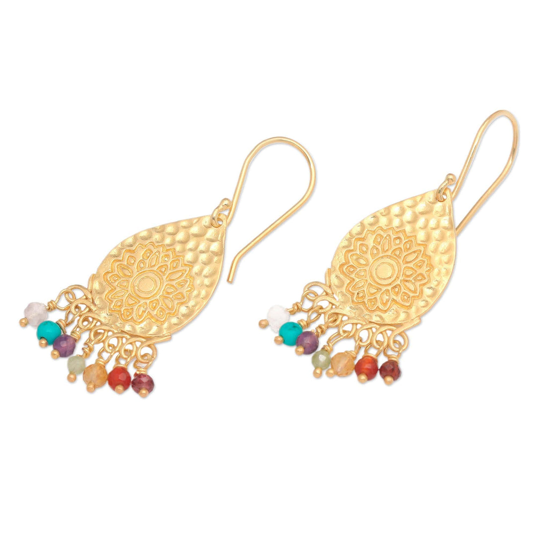 Gold-Plated Multi-Gemstone Lotus-Themed Chandelier Earrings - Vibrant Chakra